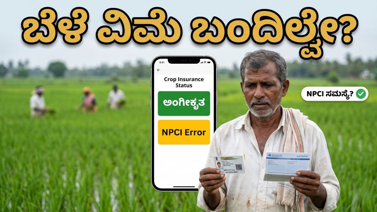 Samrakshane portal ನಲ್ಲಿ ಬೆಳೆ ವಿಮೆ ಸ್ಟೇಟಸ್ ಚೆಕ್ ಮಾಡುತ್ತಿರುವ ರೈತ, NPCI ಸಮಸ್ಯೆ ಮತ್ತು ಅಂಗೀಕೃತ ಸ್ಥಿತಿ ತೋರಿಸುತ್ತಿದೆ