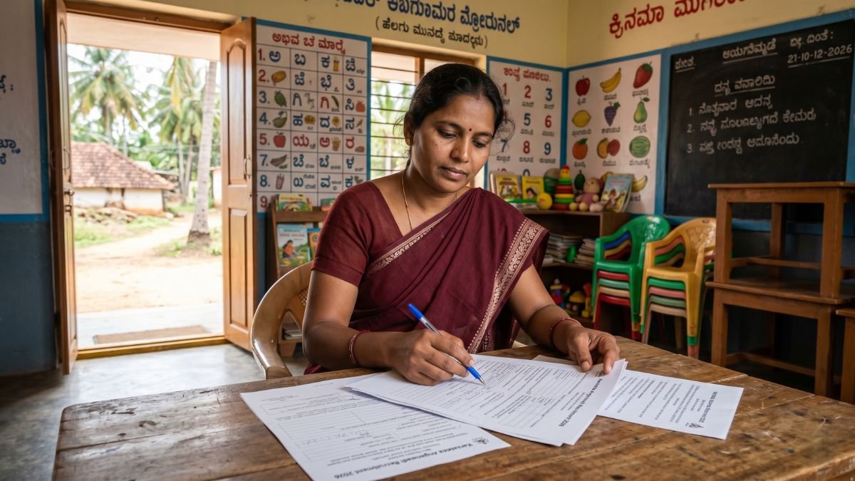 Woman reviewing Karnataka Anganwadi recruitment application forms inside a rural Anganwadi centre in Karnataka.